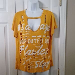It Girl Trendy Yellow Graphic Cut-Out Top Sz XL EUC